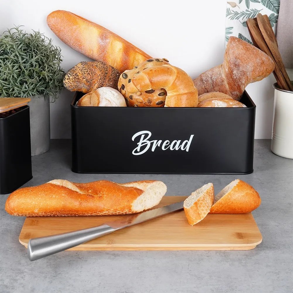 Комплект кутия за хляб и 3 буркани за съхранение на кафе, чай и захар, черен метал и бамбуково дърво