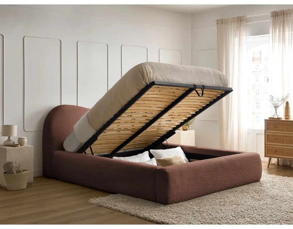 Оранжево тапицирано двойно легло с място за съхранение с включена подматрачна рамка 160x200 cm Orlane – Bobochic Paris