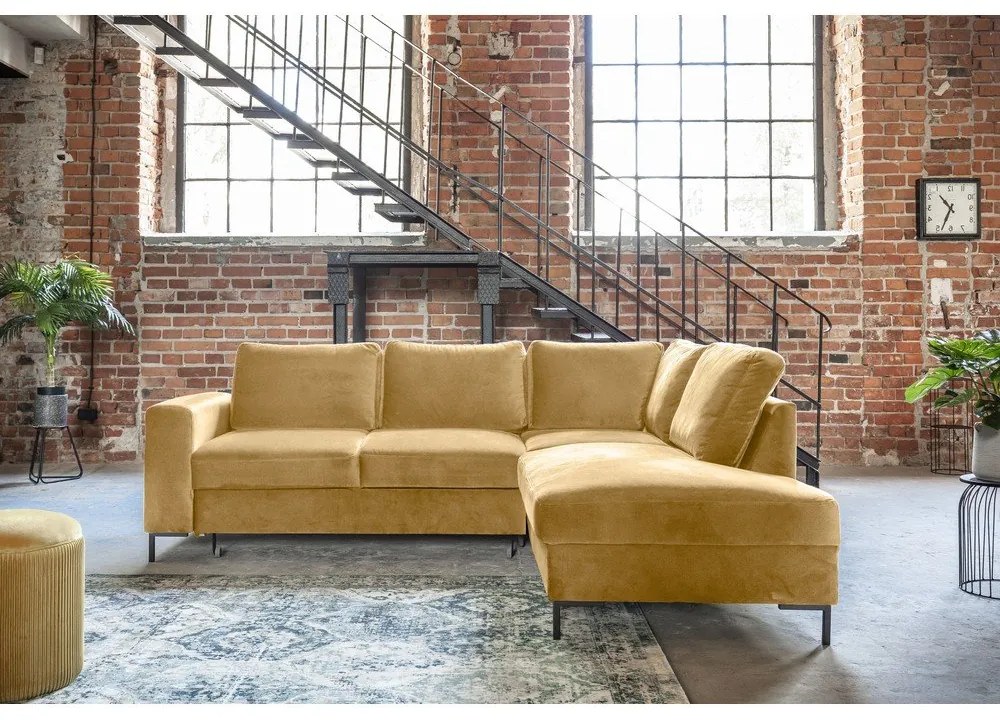 Жълт кадифен разтегателен ъглов диван (десен ъгъл) Lofty Lilly – Miuform