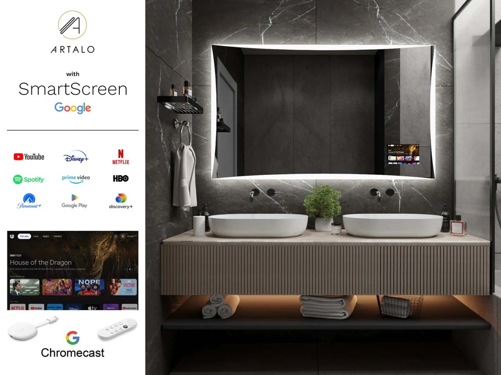 SMART огледало със светодиодно осветление M5 + SmartScreen with Google Chromecast