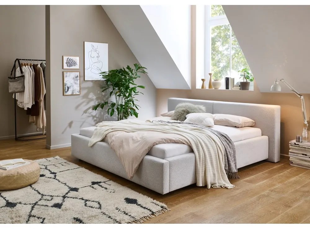 Светлосиво двойно легло 160x200 cm тапицирано с място за съхранение с включена подматрачна рамка Cube – Meise Möbel