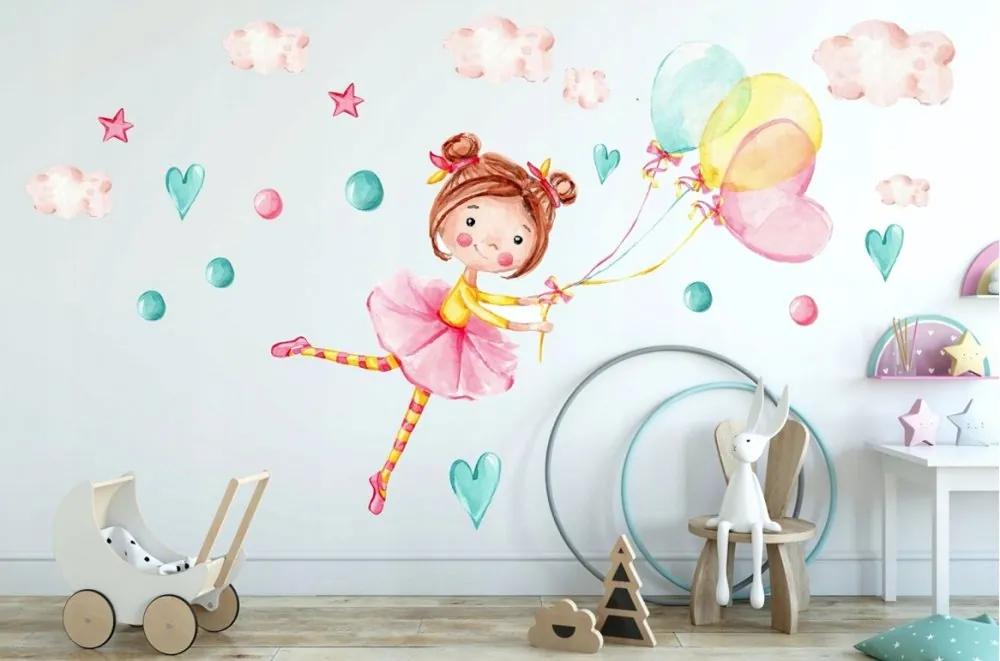 Детски стикер за стена Момиче с балони 60 x 120 cm