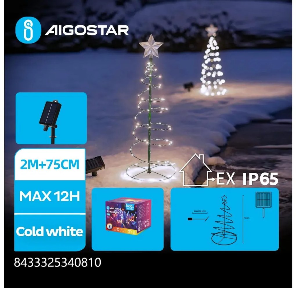 Aigostar - LED соларна коледна декорация 75см, 0,26W, IP65, студена бяла