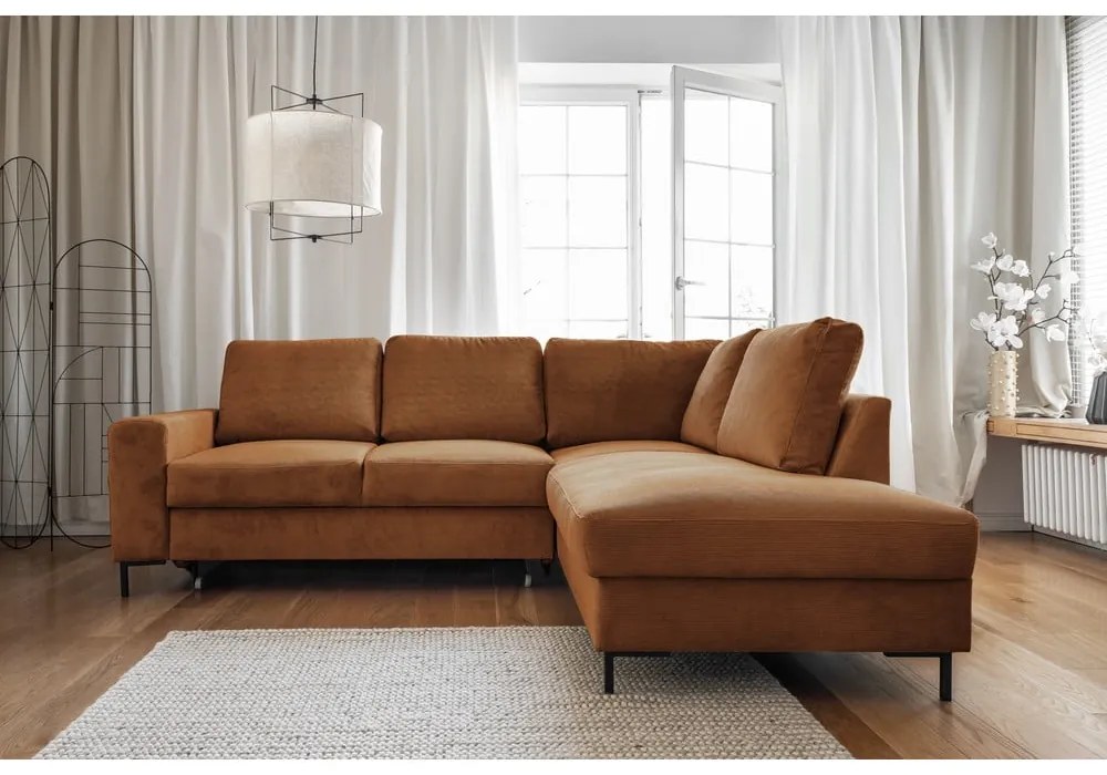 Оранжево-кафяв разтегателен ъглов диван от рипсено кадифе (десен ъгъл) Lofty Lilly – Miuform