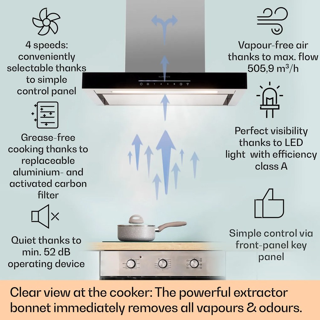 Klarstein Alinea 60 Smart, абсорбастор, 60 см, стенен, WiFi, A++, 500 м³/ч, сензорен дисплей