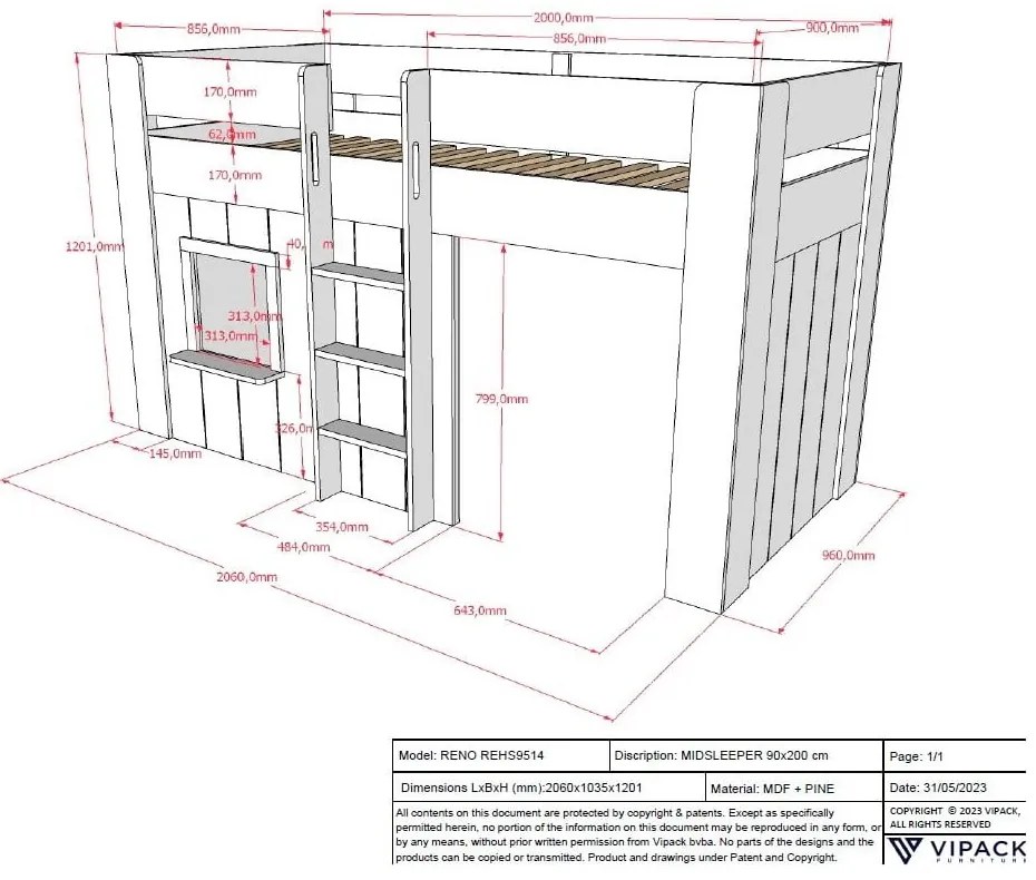 Бяло повдигнато легло от бор 90x200 cm RENO - Vipack