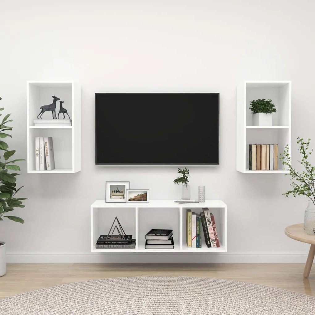 3079736 vidaXL Комплект ТВ шкафове от 3 части, бял, инженерно дърво