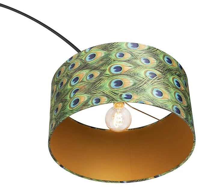 Ботаническа аркова лампа с черен кадифен абажур с дизайн на паун 50 см - XXL