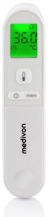 Безконтактен термометър Medivon Timi Smart Verona, Инфрачервен, За деца, Измерване за 1 секунда, Памет, Цветова индикация, LCD, Звук, Лазер, Бял