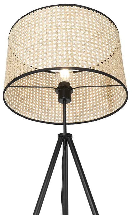 Ръстикална подова лампа триножник черна с ратан абажур - Kata