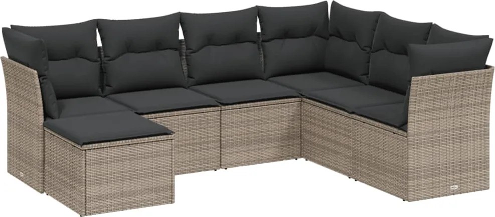 3263216 vidaXL Градински диван с възглавници, 7 части, полиратан, сив