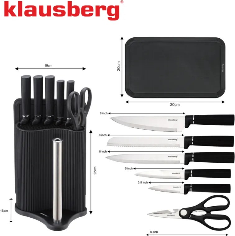 Комплект ножове Klausberg KB 7977, 8 части, Неръждаема стомана, Стойка, Държач за кухненска хартия, Черен