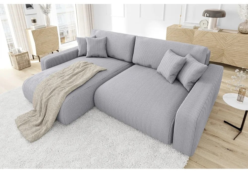 Светлосив разтегателен ъглов диван от рипсено кадифе (променлив) Sara – Ropez