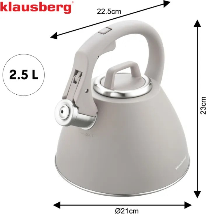 Свирещ чайник Klausberg KB 7953, 2.5 л, Неръждаема стомана, Топлоизолирана дръжка, Индукция, Бежов