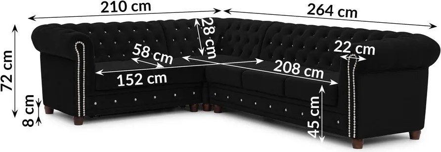 Черен кадифен разтегателен ъглов диван (ляв ъгъл L форма) York Blik – Ropez