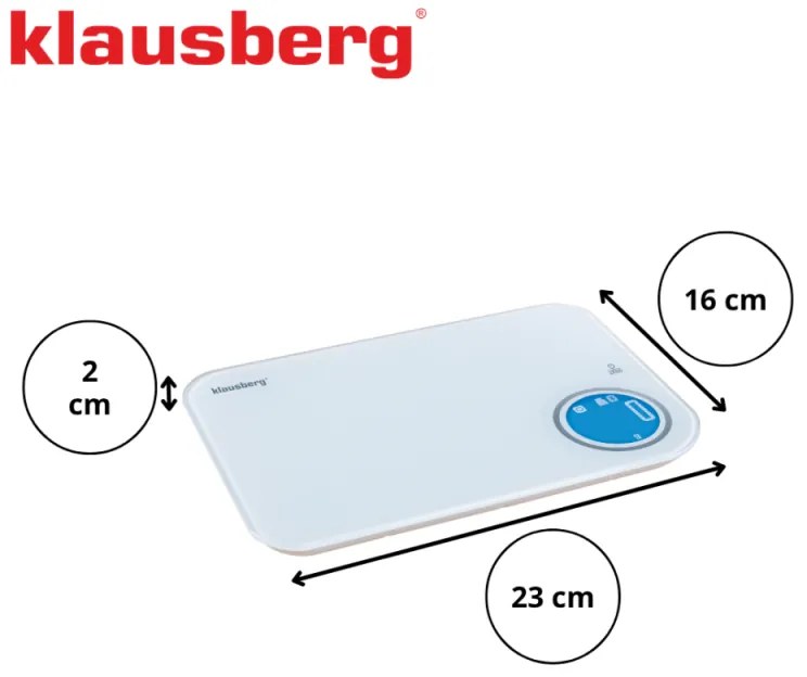 Кухненска везна Klausberg KB 7938, 5 Kg, Bluetooth, Мобилно приложение, LCD, ТАРА, 4 показателя, Течности, Индикатори, Бял/син
