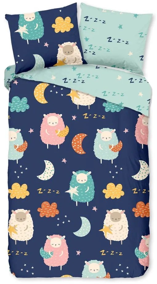 Синьо единично удължено памучно детско спално бельо 140x220 cm Sheep – Good Morning