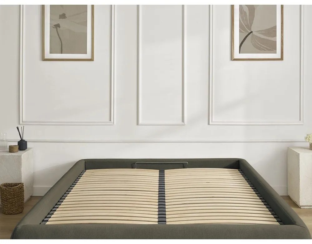 Тъмнозелено тапицирано двойно легло без табла с място за съхранение и включена подматрачна рамка 180x200 cm Inera – Bobochic Paris