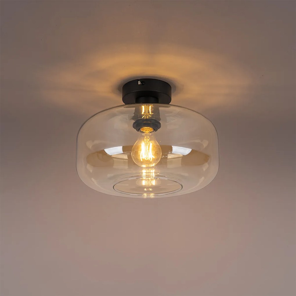 Таванна лампа в стил арт деко черна с кехлибарено стъкло - Bizle