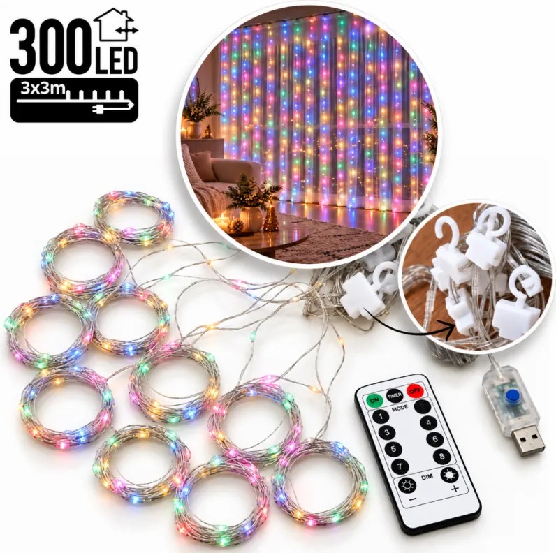Коледна LED светлинна завеса 3 × 3 м с USB захранване – 300 светодиода multicolor