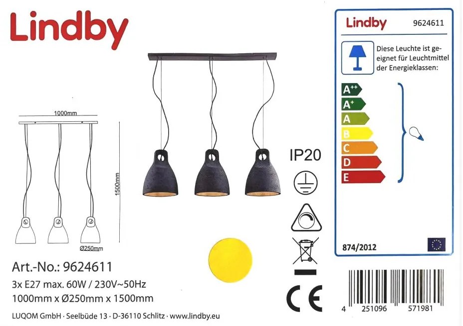 Lindby - Пендел IBU 3xE27/60W/230V