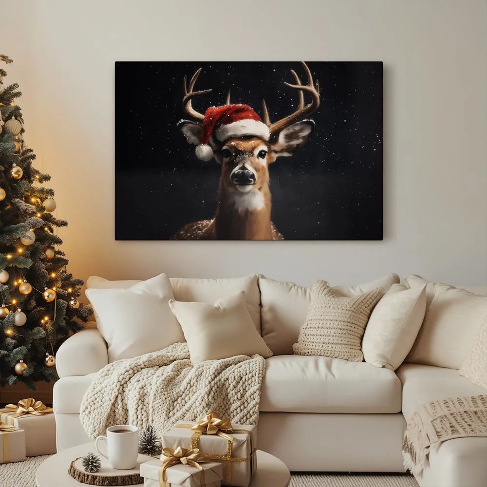 Картина на платно – Сладък коледен елен през нощта