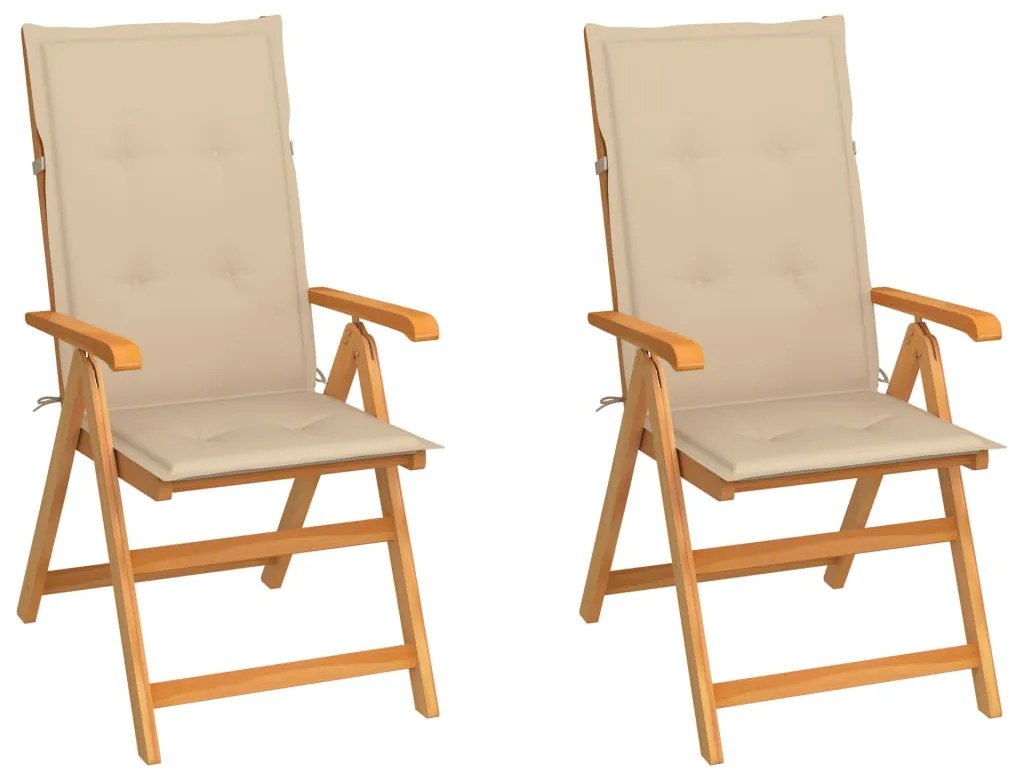 3062379 vidaXL Градински столове, 2 бр, бежови възглавници, тиково дърво масив