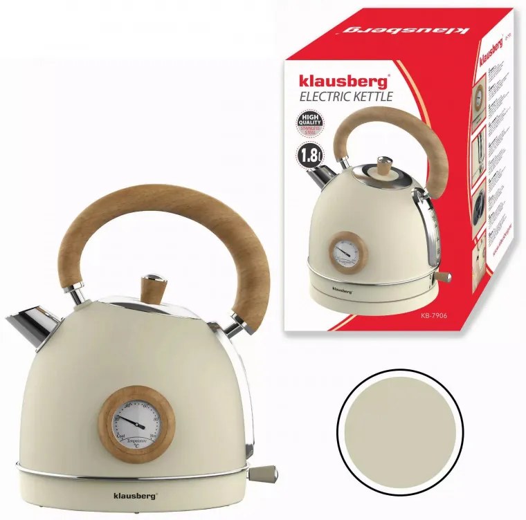 Електрическа кана с термометър Klausberg KB 7906, 2200W, 1.8 л, Индикатор за нивото на водата, Защита от прегряване, Крема
