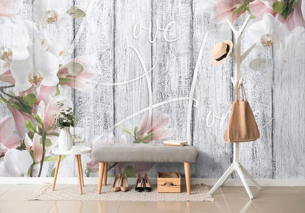 Тапет – Винтидж орхидея с надпис - Love begins at home