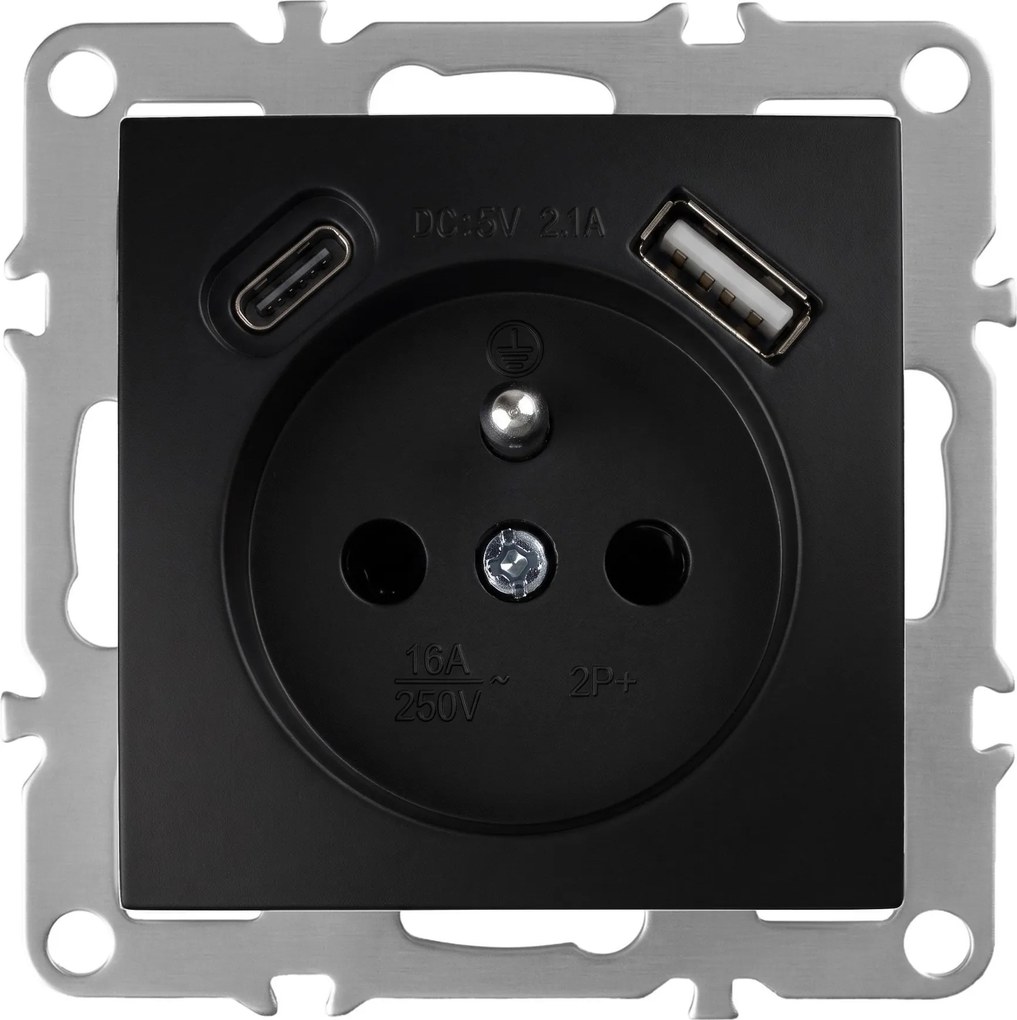 Единичен контакт със заземяване + USB-A USB-C OSTE JNH004-G Black