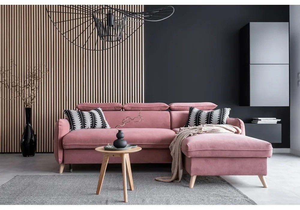 Светлорозов кадифен ъглов разтегателен диван (десен ъгъл) Sweet Harmony - Miuform