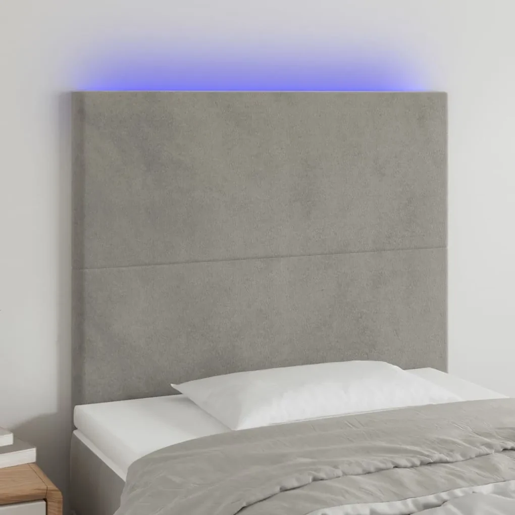3122180 vidaXL LED горна табла за легло, светлосива, 90x5x118/128 см, кадифе