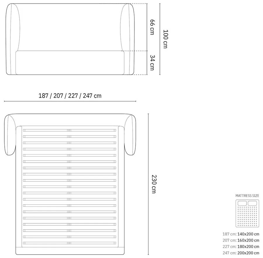 Тъмносиньо двойно тапицирано легло с място за съхранение с включена подматрачна рамка 200x200 cm Miley – Micadoni