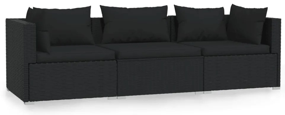 317522 vidaXL 3-местен диван с възглавници, черен, полиратан