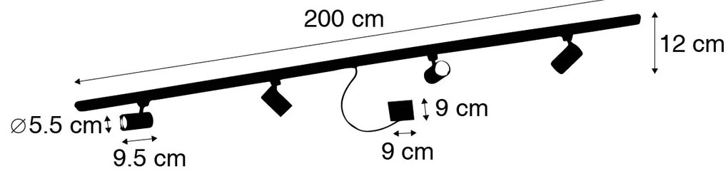 1-фазна релсова система черна с 4 прожектора и I-захранване квадратно - Jeana