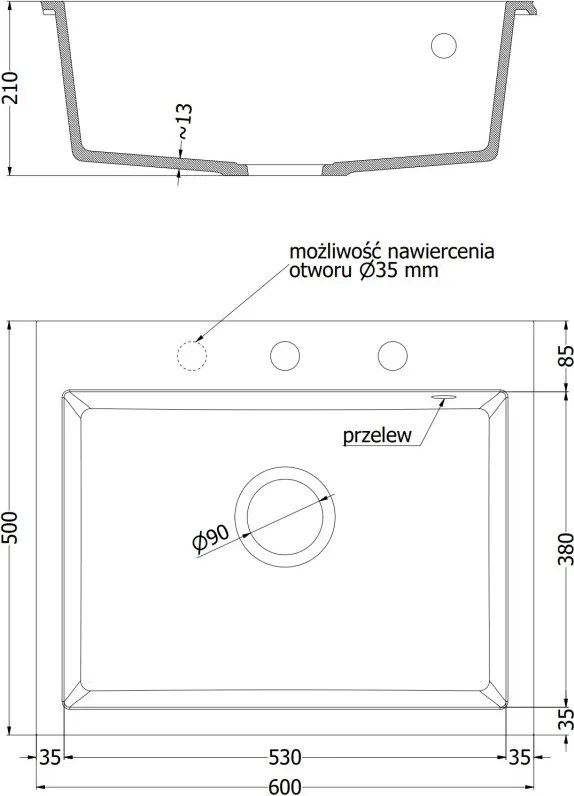 Mexen Elix гранитна мивка с 1 отделение 600 x 500 мм, бяла, златен сифон - 6525601005-20-G