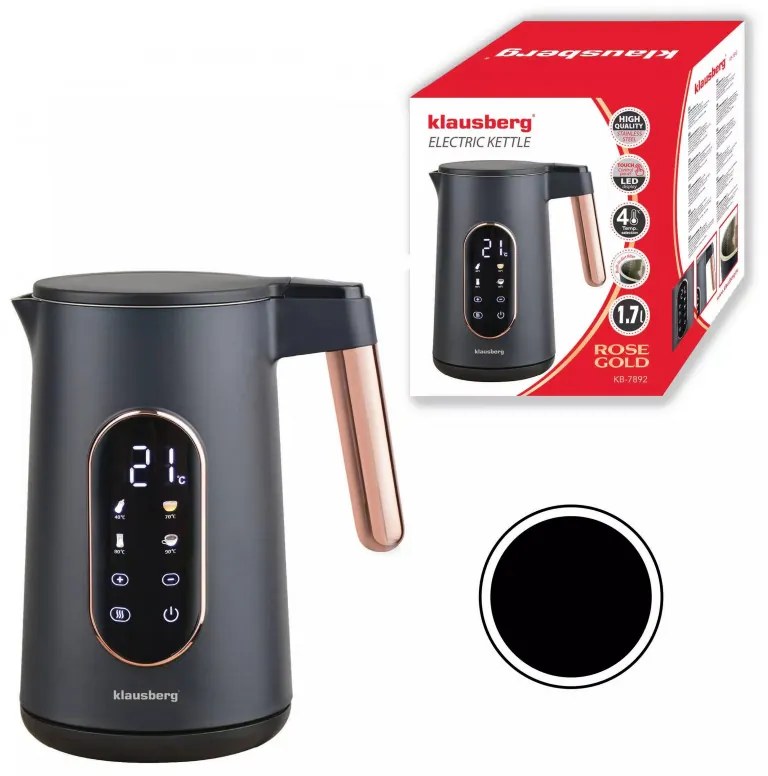 Електрическа кана Klausberg KB 7892, 2200W, 1.7 л, 13 настройки, 4 програми, LED дисплей, Въртяща се основа, Черен/Розово злато