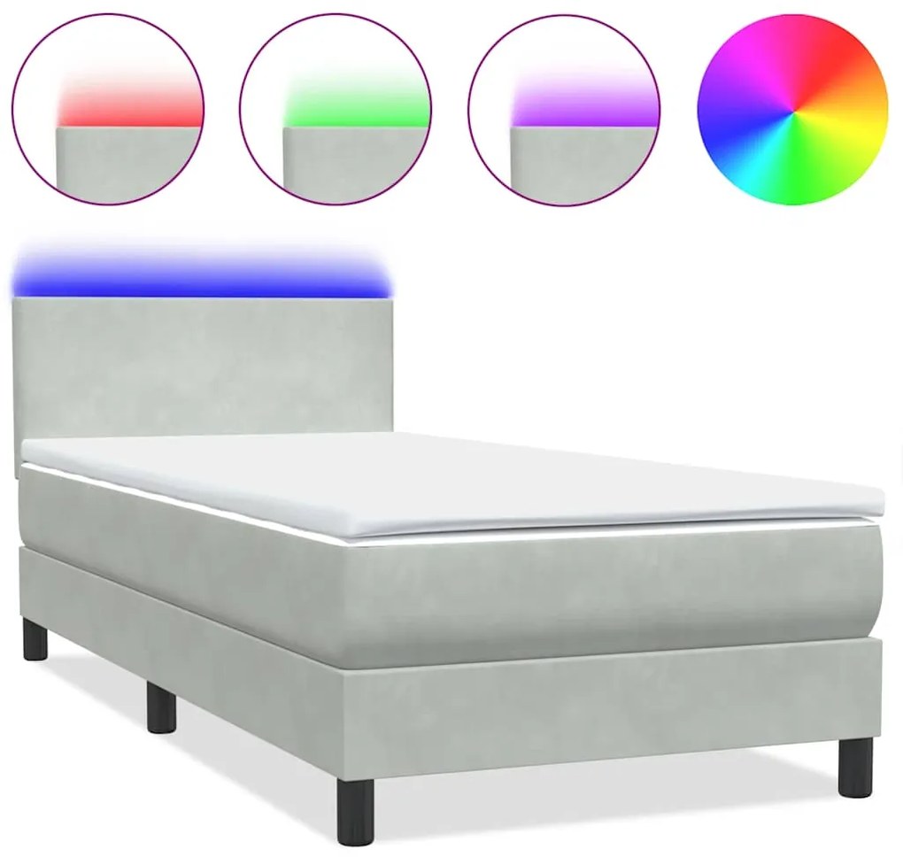 3316665 vidaXL Боксспринг легло с матрак и LED, светлосиво, 80x210 см, кадифе