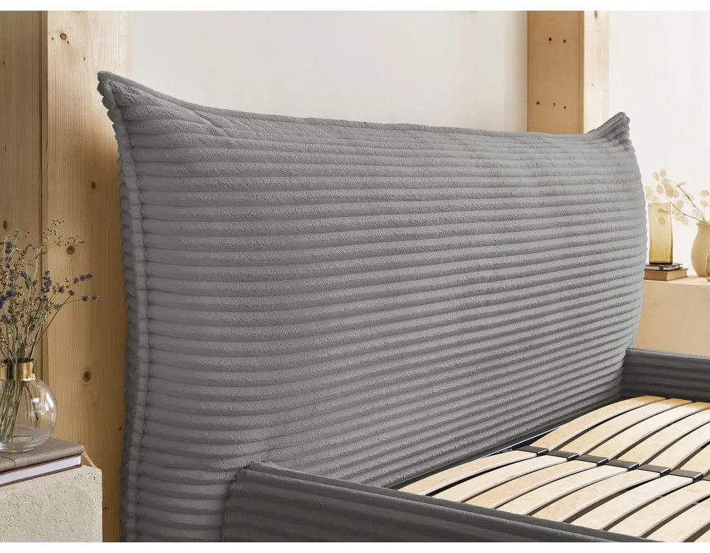 Сиво двойно тапицирано легло с място за съхранение с включена подматрачна рамка 180x200 cm Jade – Bobochic Paris