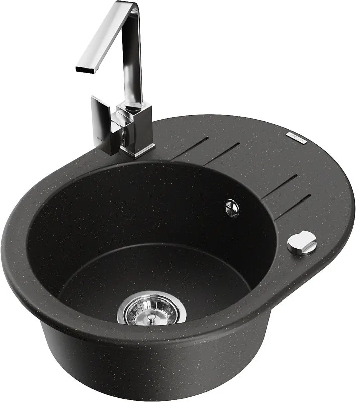 Mexen Kevin гранитна мивка с 1 корито с отцедник и кухненски смесител Rita, черно/златен металик - 6517-75-670300-00