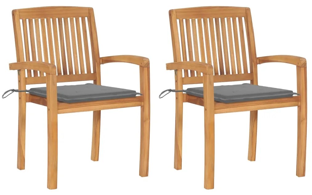 3063253 vidaXL Градински столове, 2 бр, сиви възглавници, тиково дърво масив