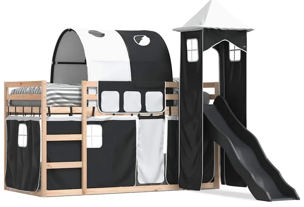 3284161 vidaXL Двуетажно легло с пързалка и завеси, бяло и черно, 90x200 см