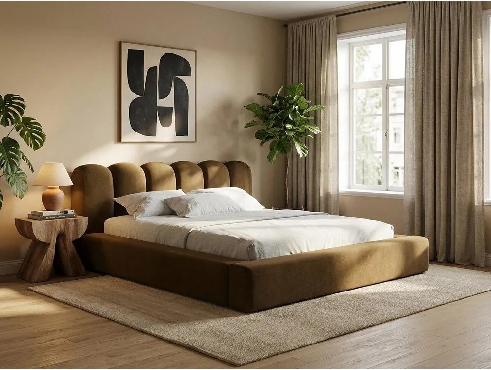 Сиво двойно тапицирано легло с място за съхранение и включена подматрачна рамка 160x200 cm Mano – Makamii