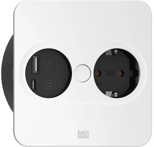 BACHMANN Модул TWIST 2 КВАДРАТЕН с 1х Шуко и USB тип A+C, с кабел 2м, цвят Бял,  - B946.205