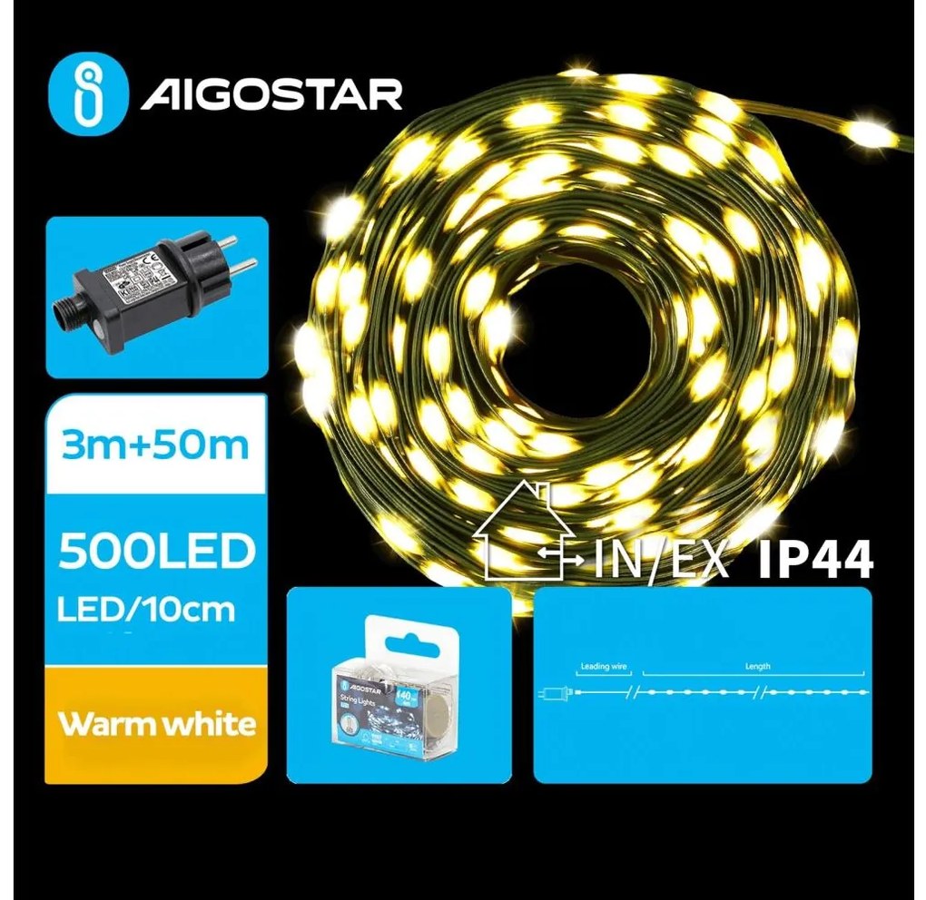 Aigostar - LED външна коледна гирлянда, 500 LED, 8 функции, 53 m, IP44, топло бяло