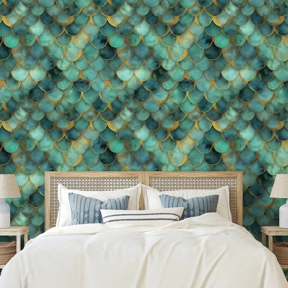 Тапет – Зелени морски люспи със златен оттенък