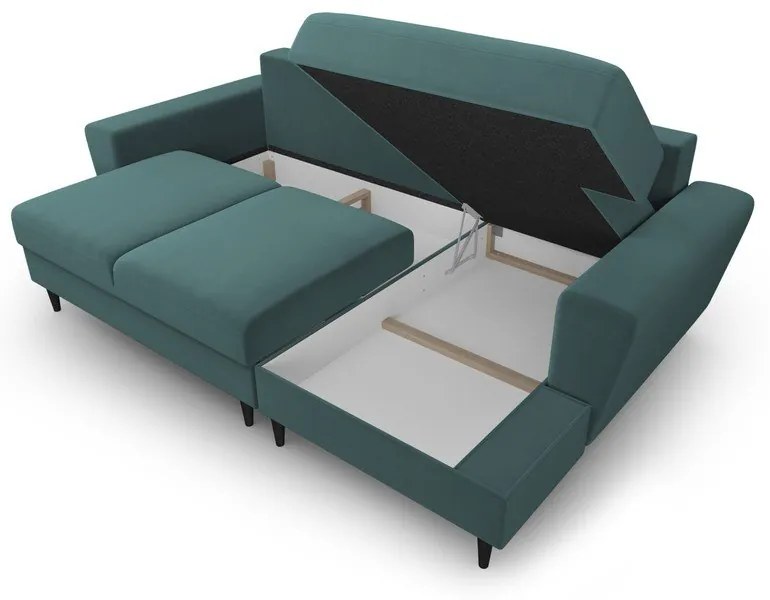 Кадифен разтегателен ъглов диван с място за съхранение в петролен цвят (десен ъгъл) Kyoto – Cosmopolitan Design