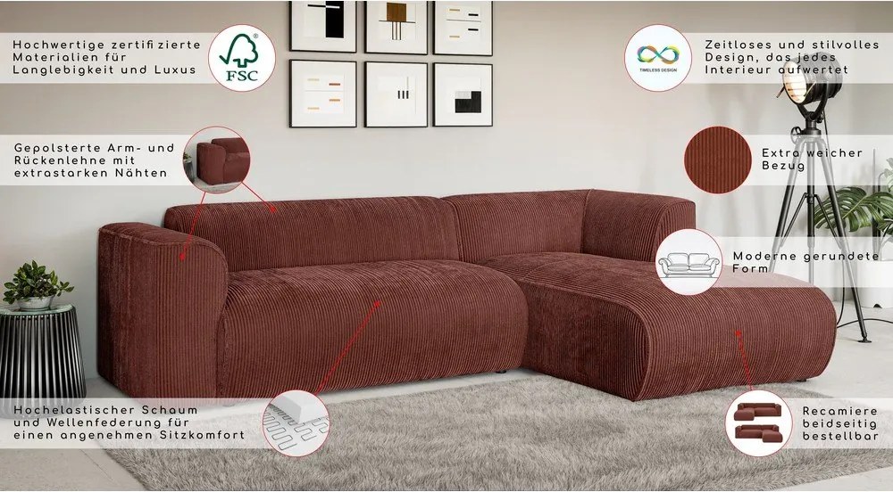 Теракотен ъглов диван от рипсено кадифе (десен ъгъл) Merid – Ropez