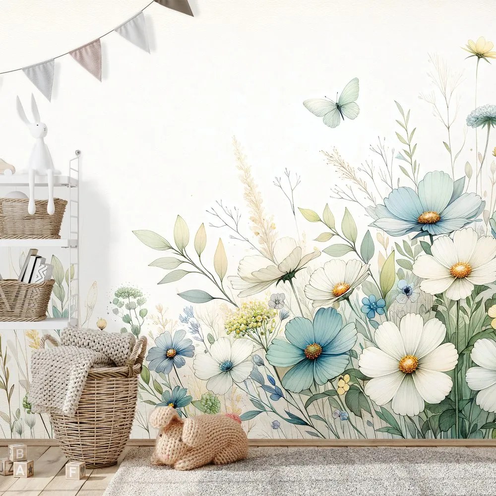 Тапет – Пастелни полски цветя и летящи пеперуди