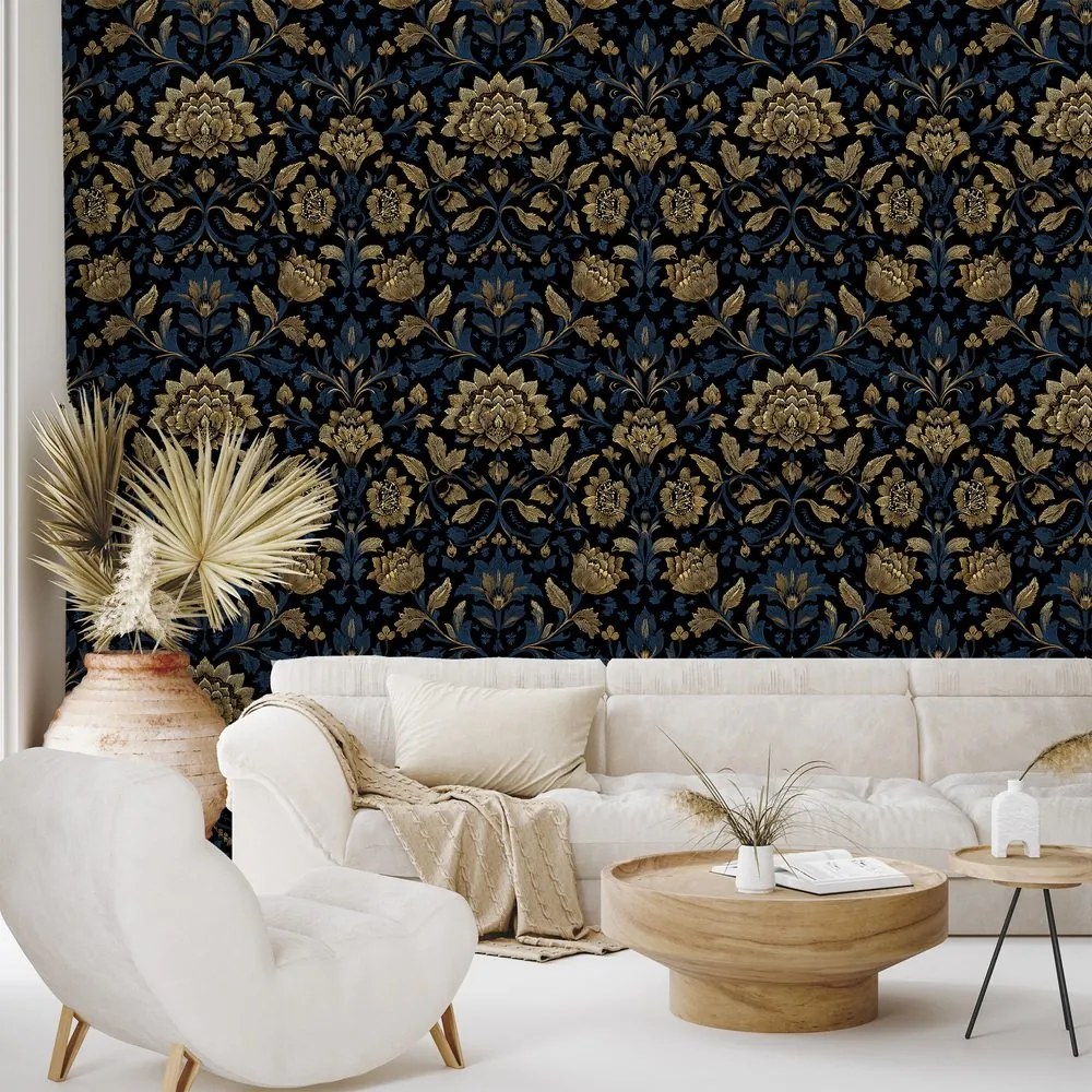 Самозалепващ тапет – Златни цветя на тъмен фон